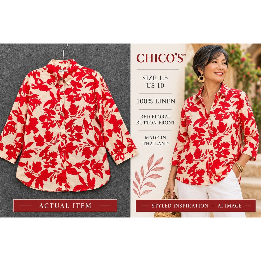 Chico's Floral Button Front Shirt Womens 100% Linen Red Size 1.5 US 10 Excellent